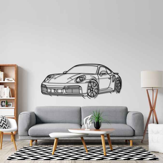 911 Model 992 Turbo Front Angle Silhouette Metal Wall Art